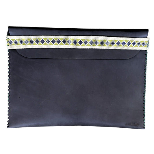 Leather Laptop Case - Oiled Black w/Green Tatreez