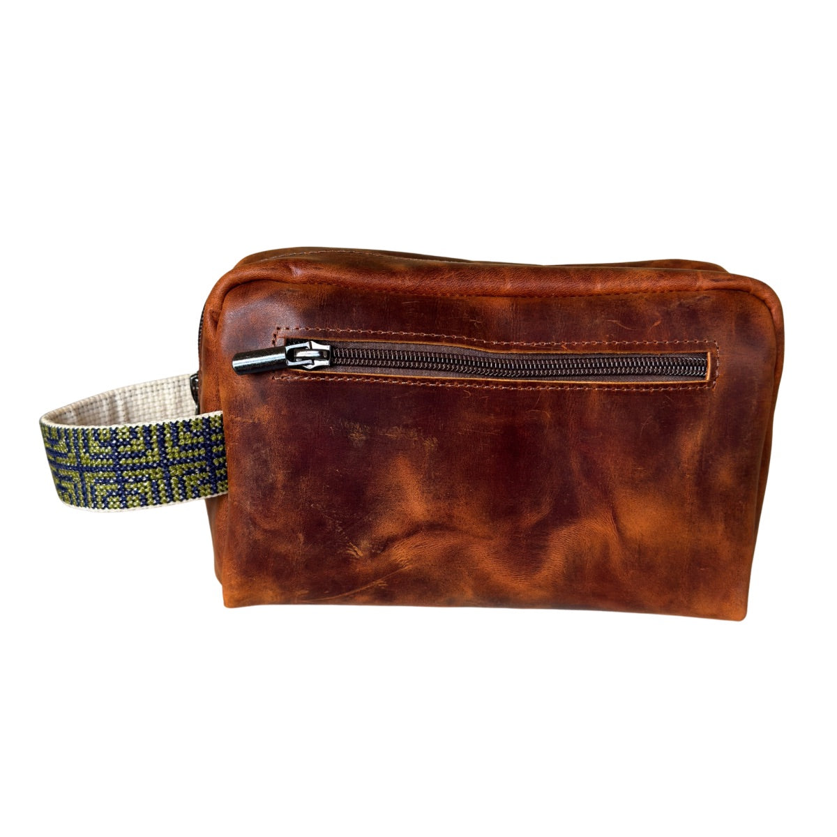 Leather Toiletry Bag w/Embroidery - Brown w/Green