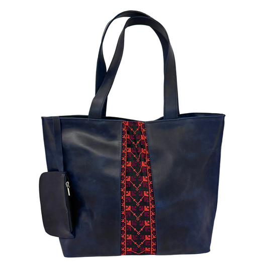 Leather Tote Bag with Embroidery - Dark Blue