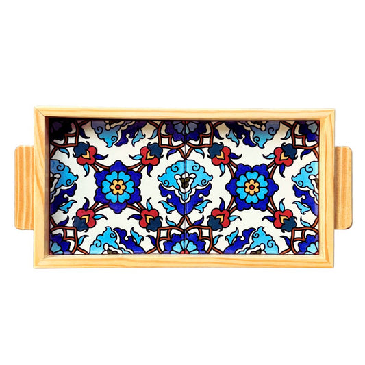 Ceramic and Wood Serving Tray - Blue Flowers