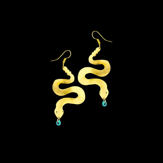 Brass Snake Earrings - Turquoise Beads
