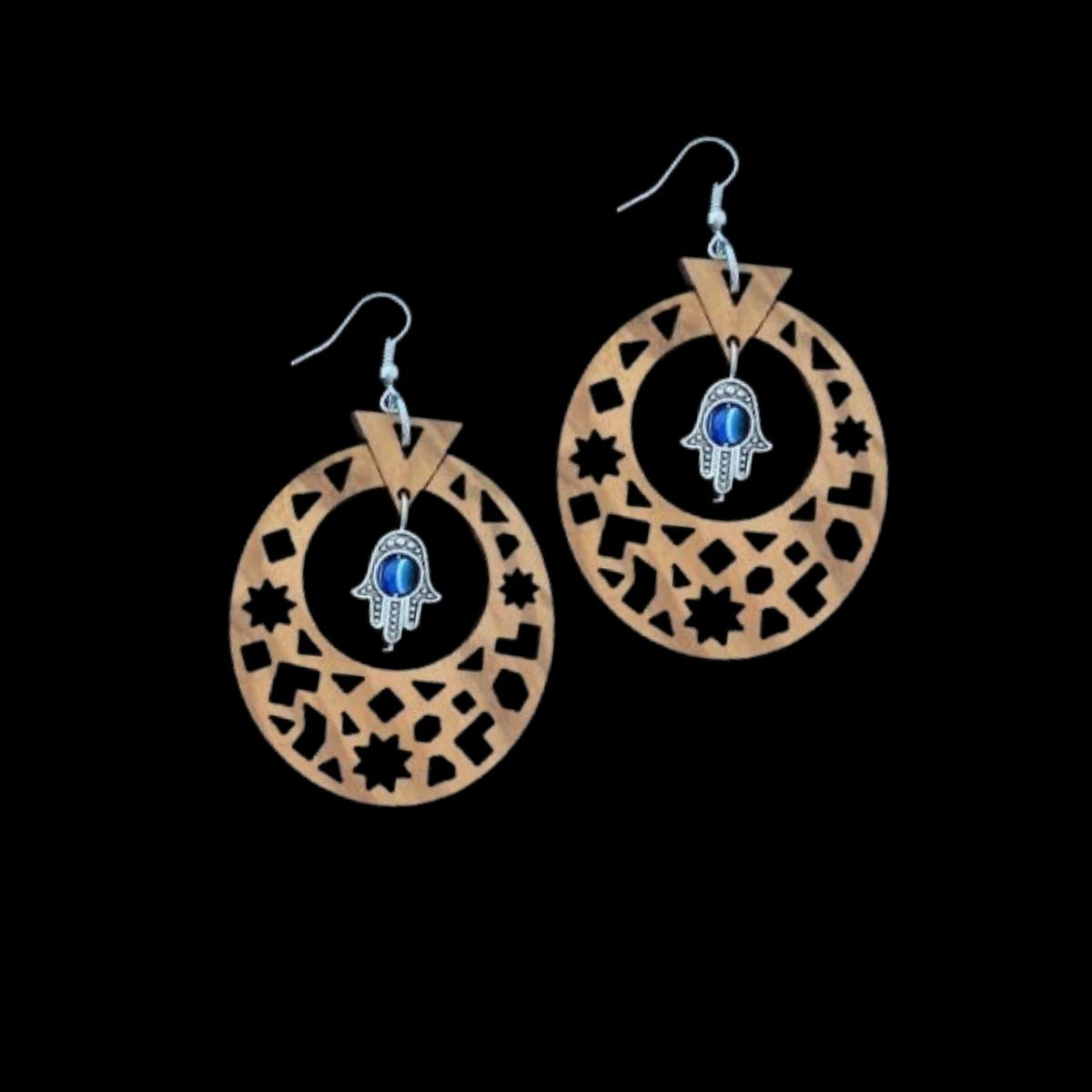 Olive Wood Arabesque Earrings with Ward off Evil Charm