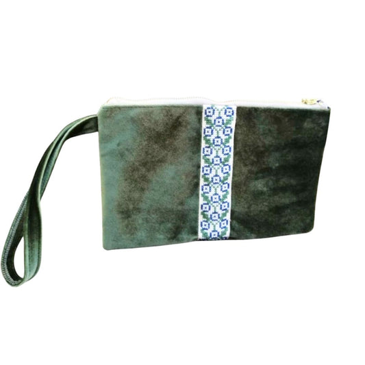 Embroidered Velvet Clutch - Emerald Green