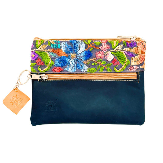 Suede Leather Purse with Embroidery - Dark Blue