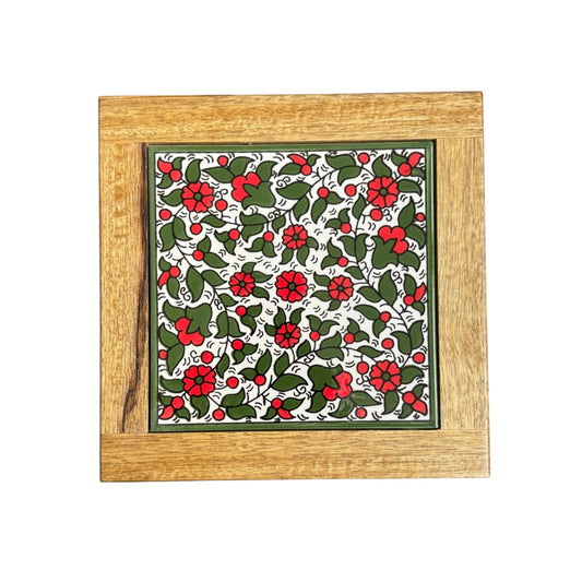 Ceramic Tile & Wood Trivet - Red & Green
