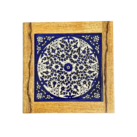 Ceramic Tile & Wood Trivet - Blue Vine