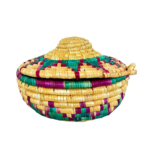 Basket by Women in Salfit (w/cover) - Magenta & Green