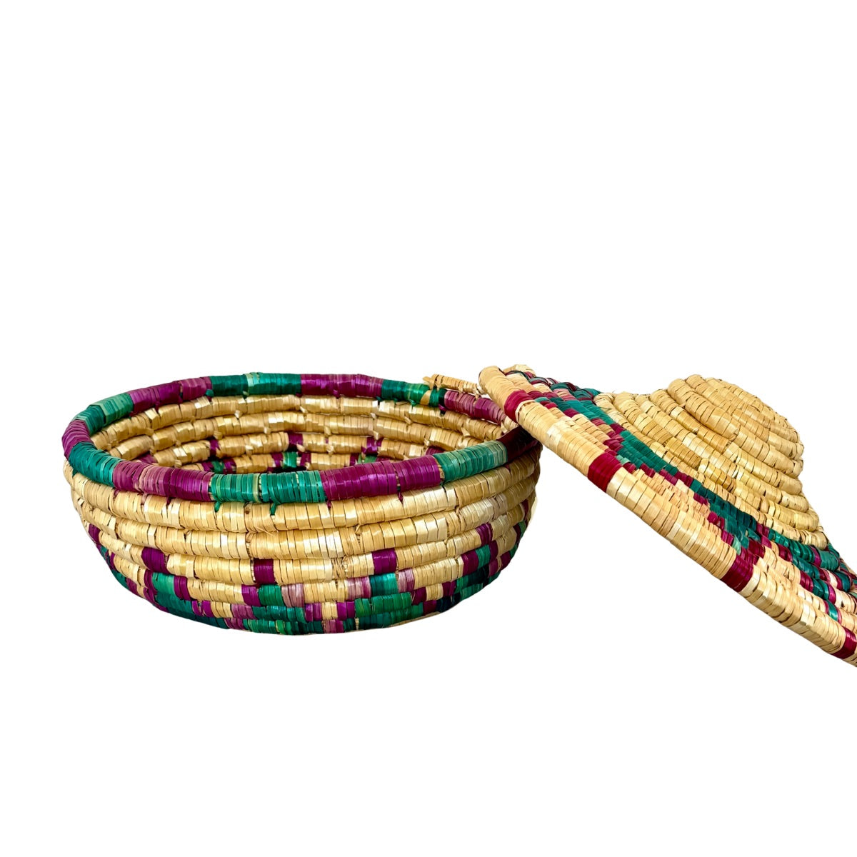 Basket by Women in Salfit (w/cover) - Magenta & Green