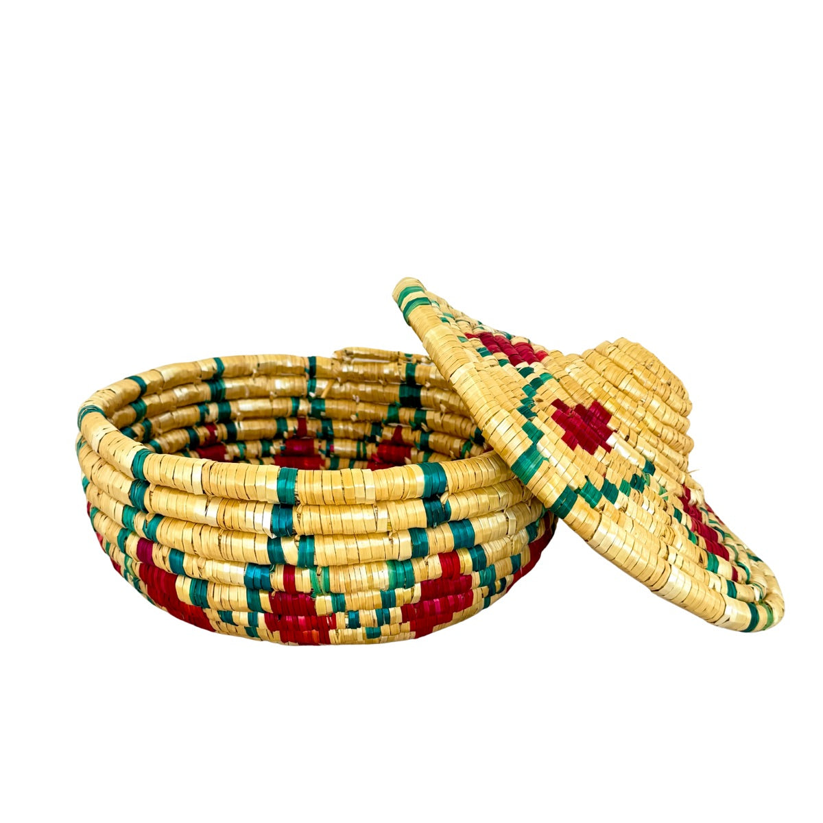 Basket by Women in Salfit (w/cover) - Red & Green