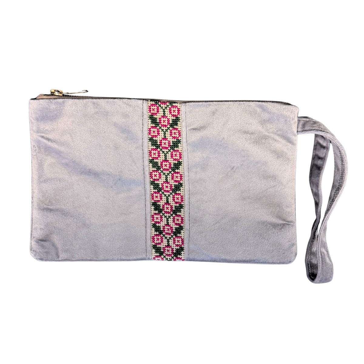 Velvet Tatreez Pouch - Silver