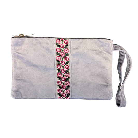 Velvet Tatreez Pouch - Silver