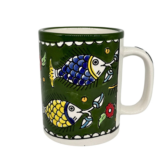 Ceramic Mug - Dark Olive Green with Fish