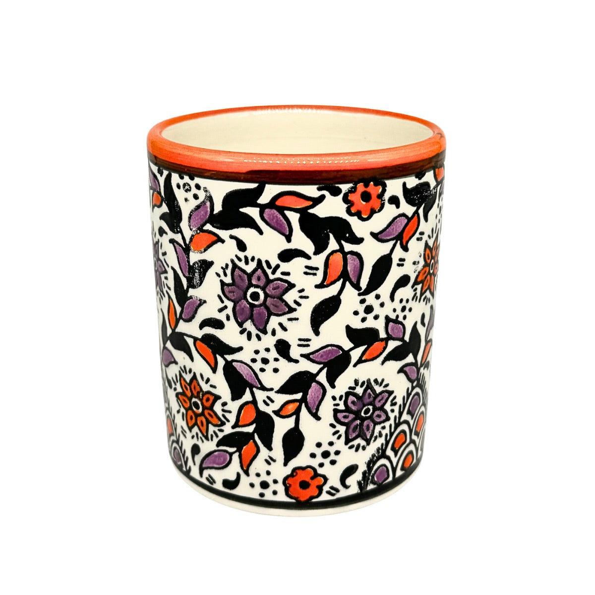 Ceramic Mug without Handle - Orange & Lavender Vine