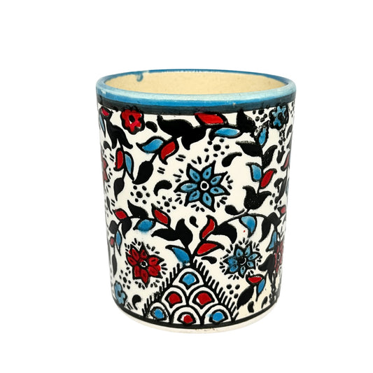 Ceramic Mug without Handle - Blue & Red Vine