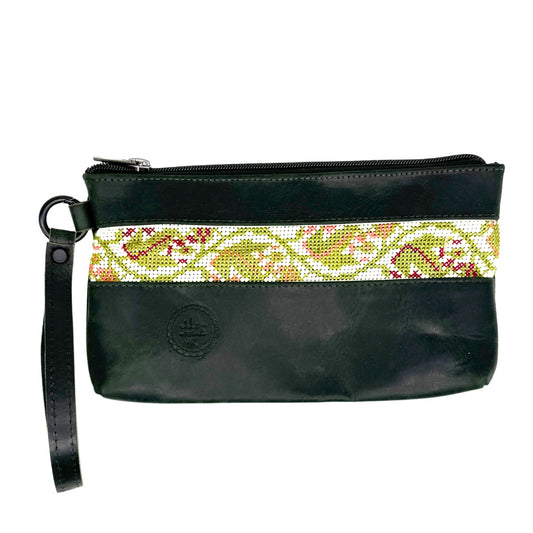 Leather Bag with Embroidery - Oiled Leather, Black