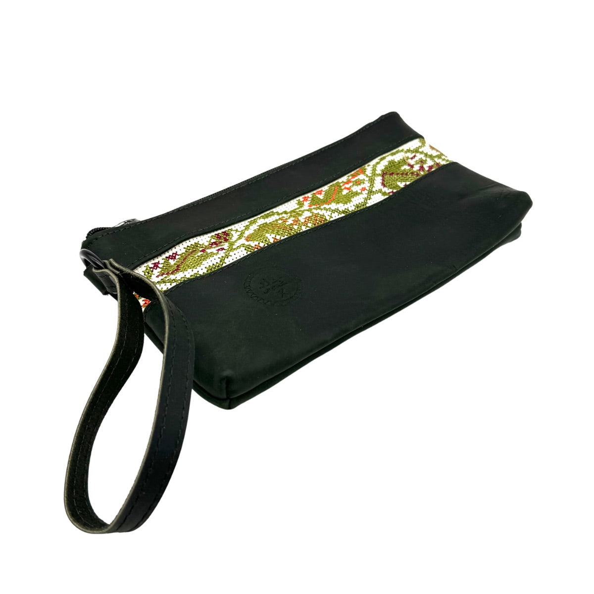 Leather Bag with Embroidery - Oiled Leather, Black