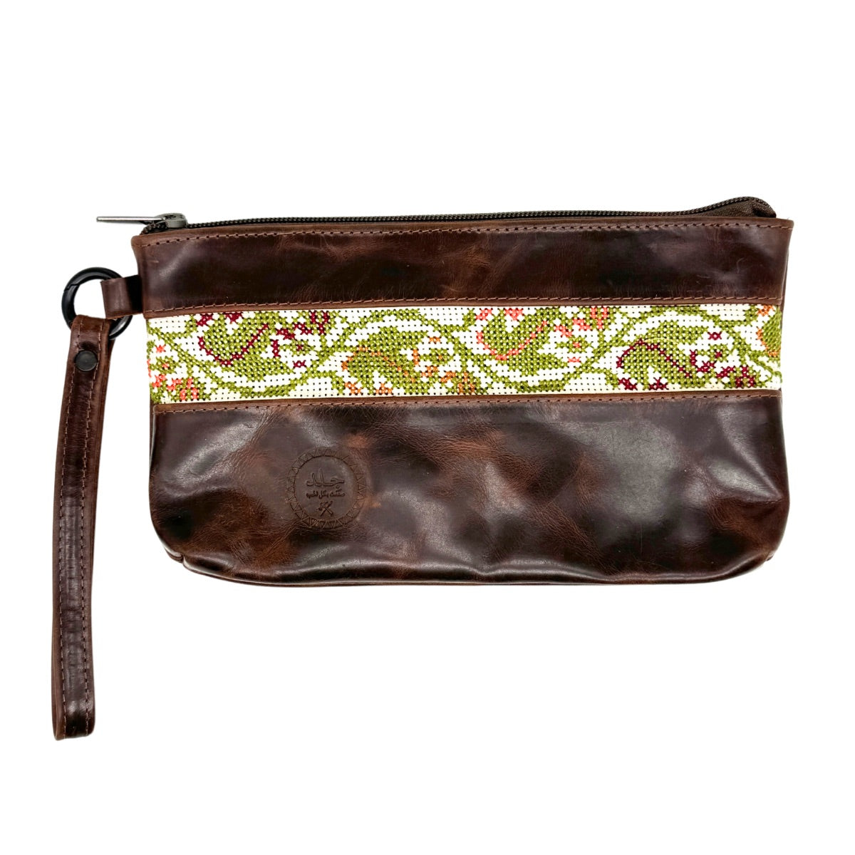 Leather Clutch w/Embroidery - Brown/Green