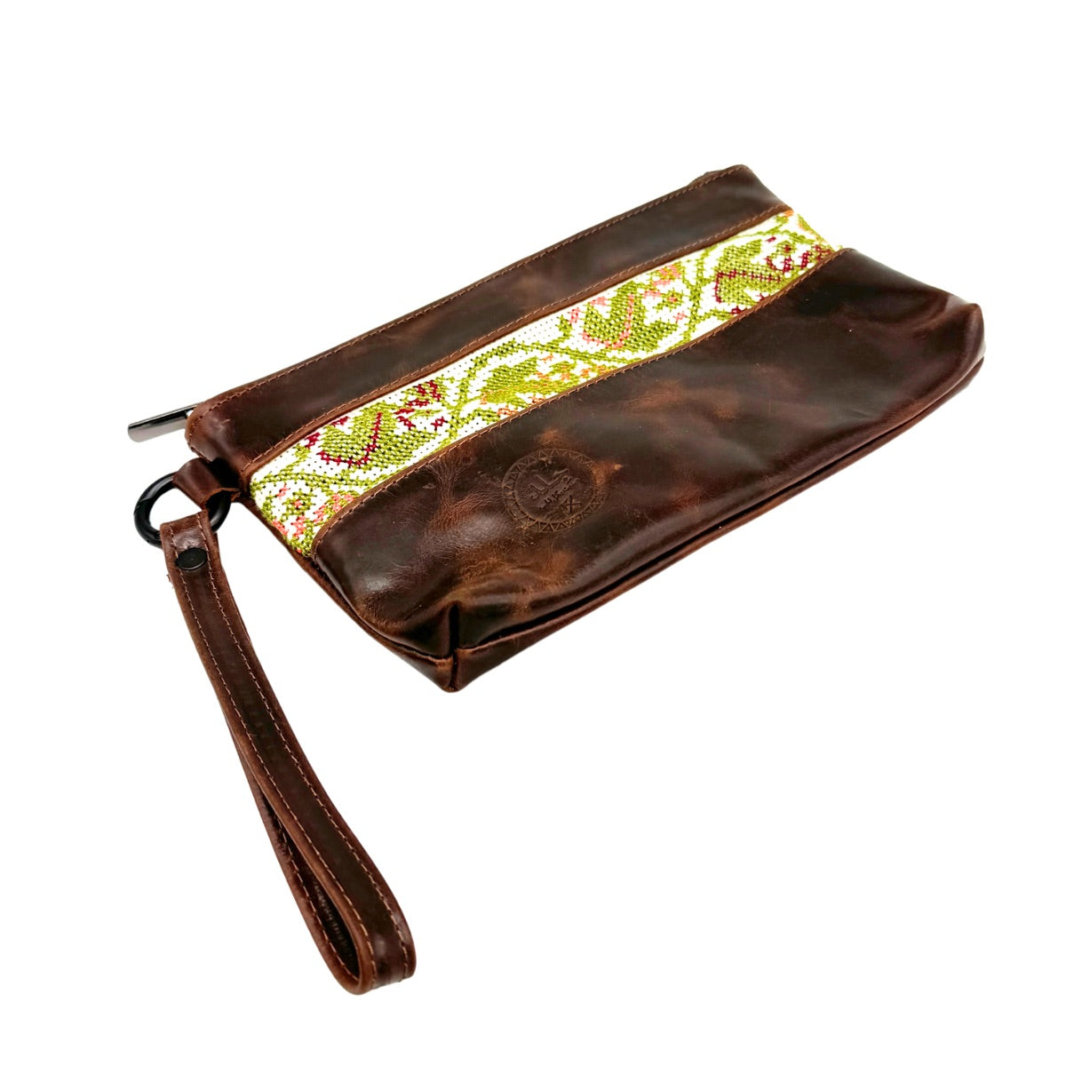 Leather Clutch w/Embroidery - Brown/Green