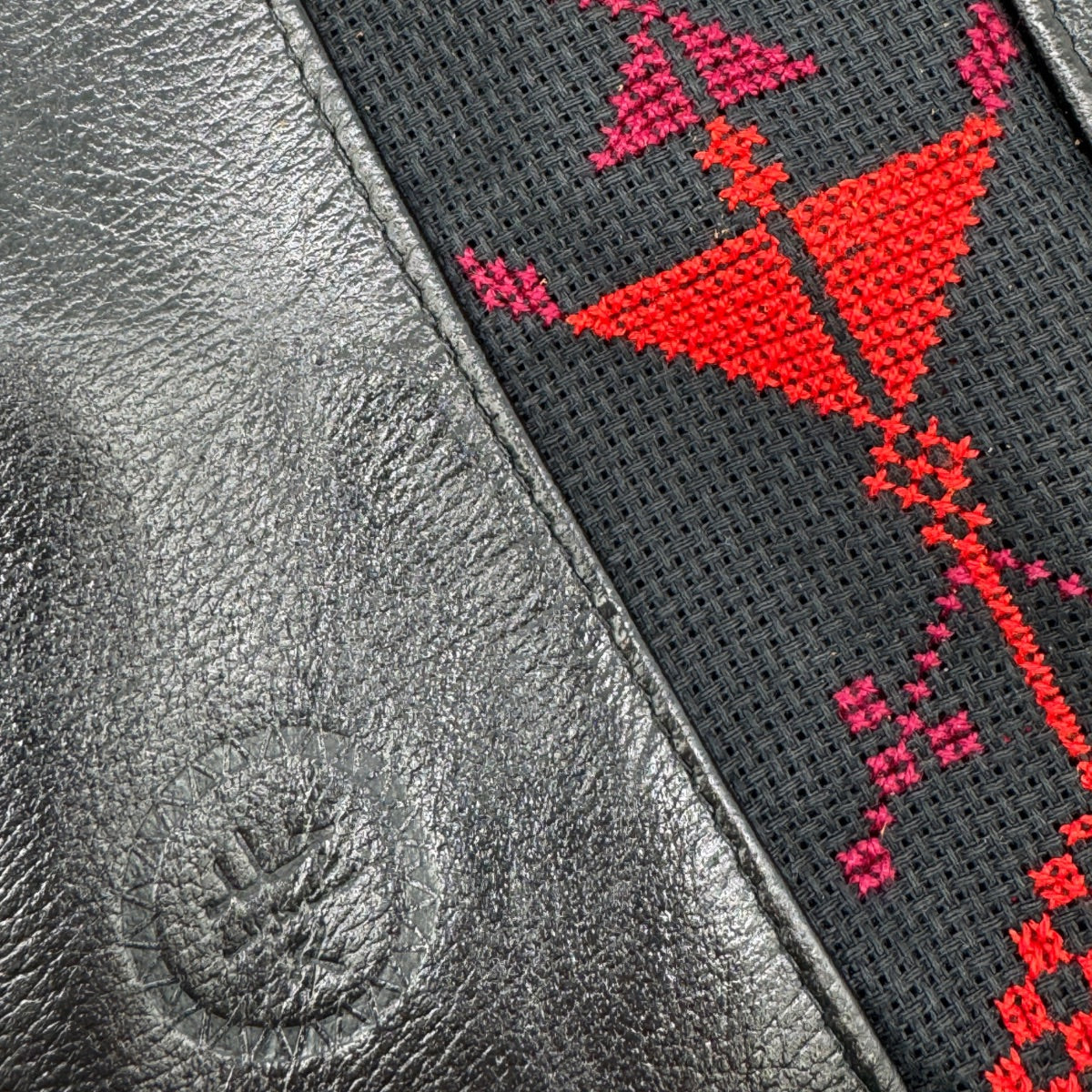 Leather Cross Body Bag Black with Red Embroidery