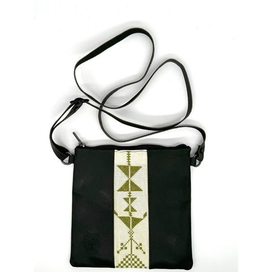 Leather Cross Body Bag Black with Green Embroidery