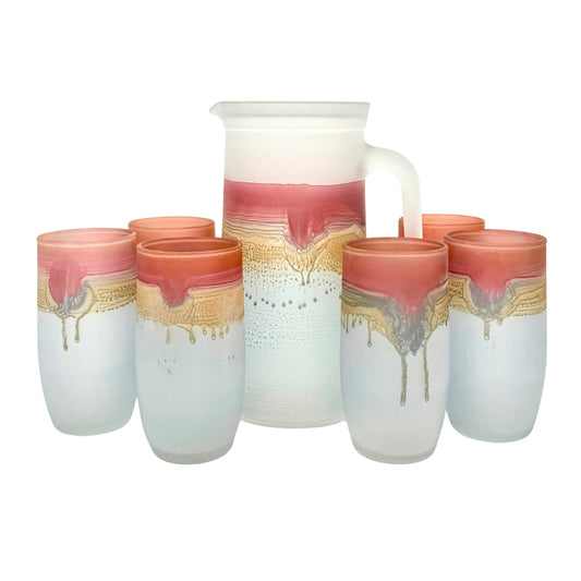 Hebron Glass Pitcher & 6 Tumblers