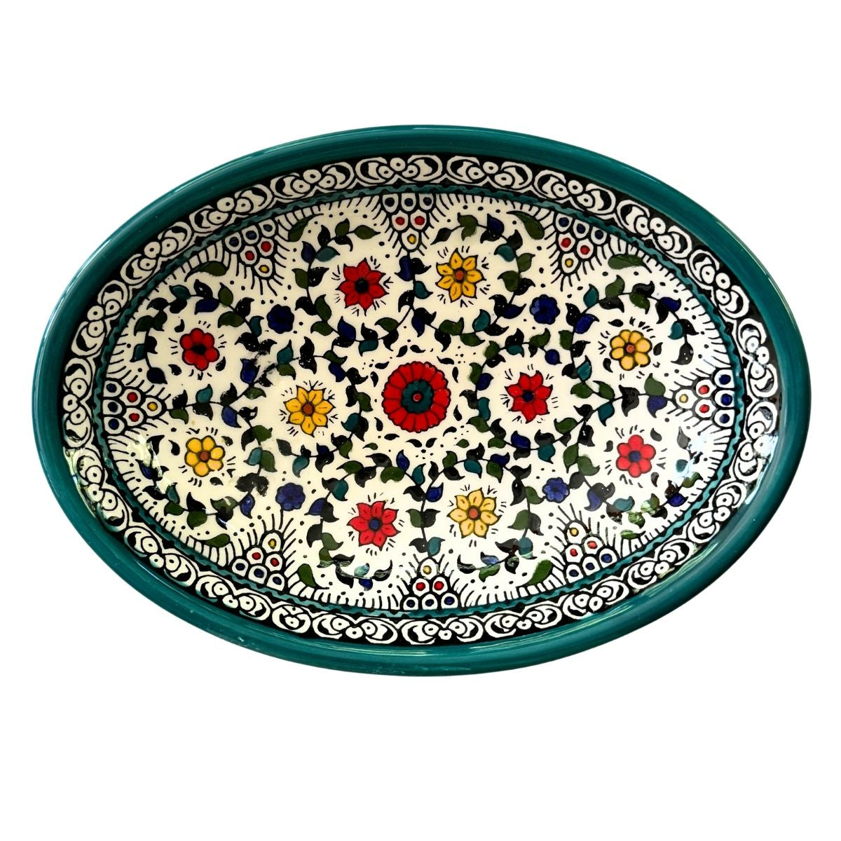 Ceramic Oval Dish (9") - Teal Multicolor Vine