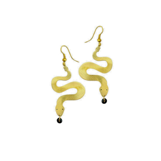 Brass Snake Earrings - Black Beads