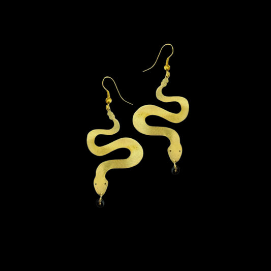 Brass Snake Earrings - Black Beads