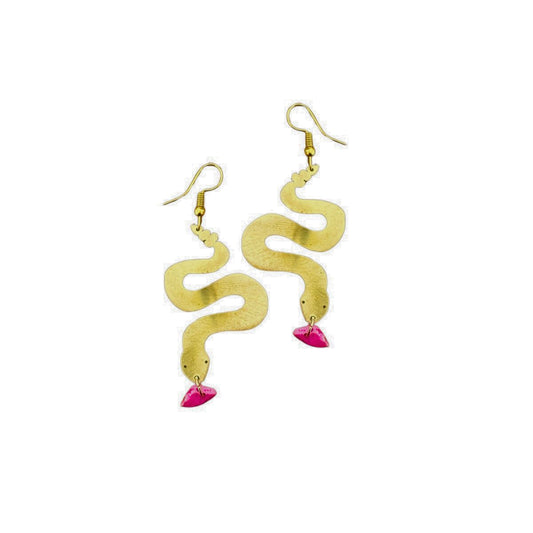 Brass Snake Earrings - Pink Beads