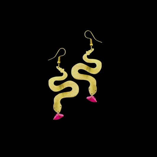 Brass Snake Earrings - Pink Beads