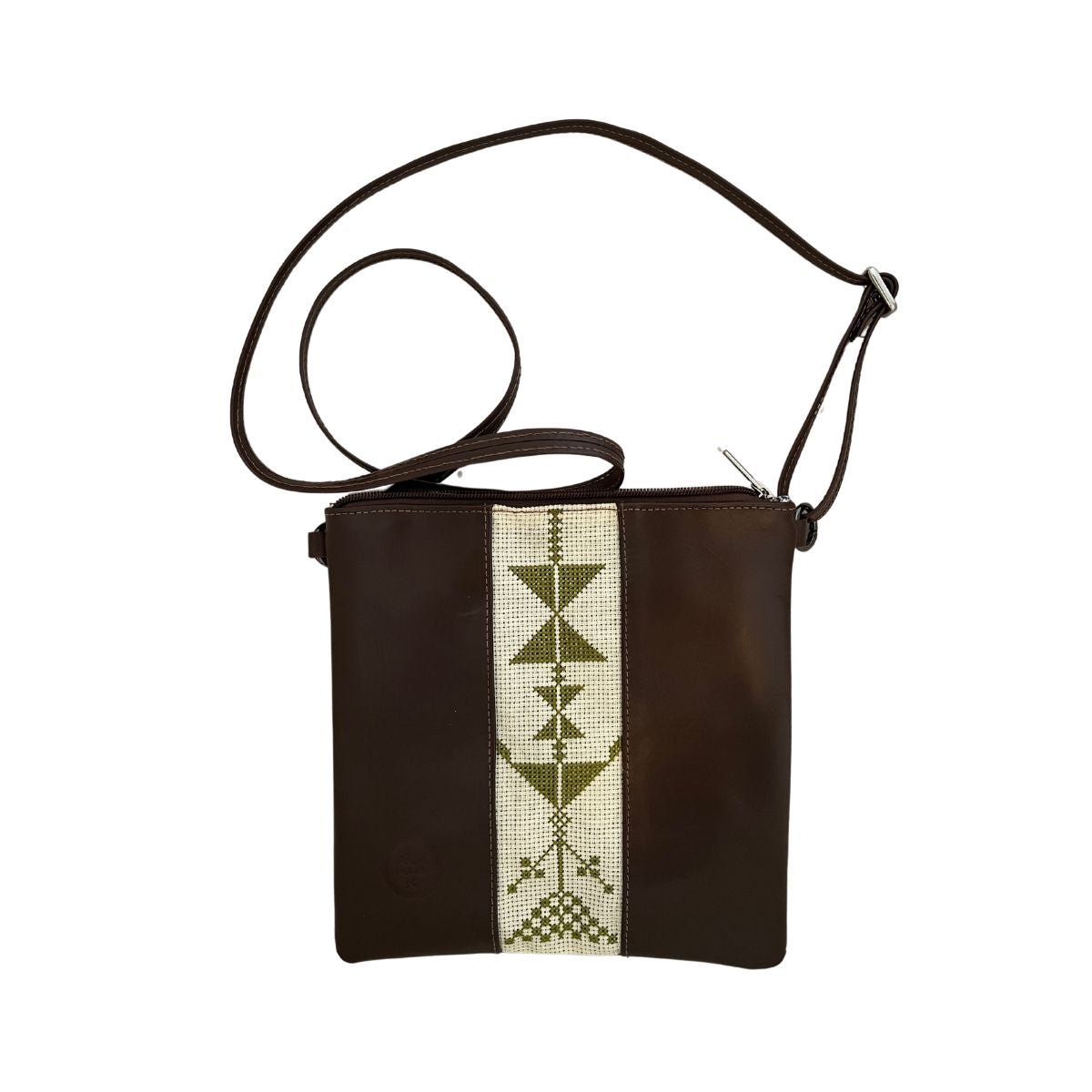 Leather Cross Body Bag with Embroidery (Dark Brown Leather)