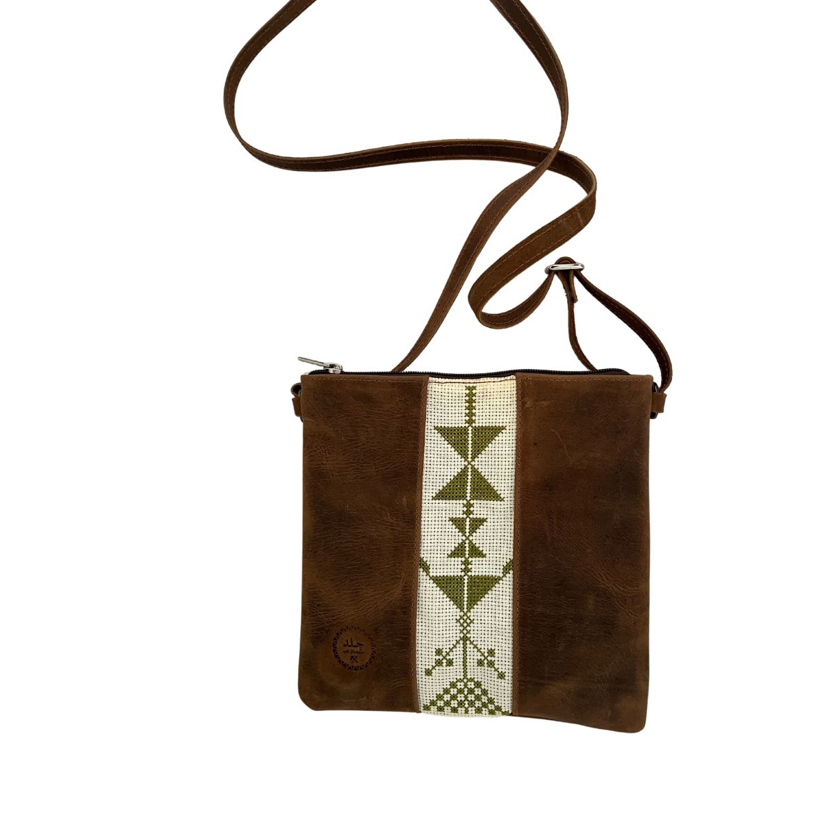Leather Cross Body Bag w/Embroidery (Light Brown/Green)