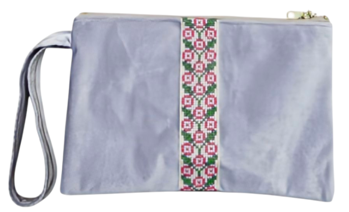 Embroidered Velvet Clutch - Gray